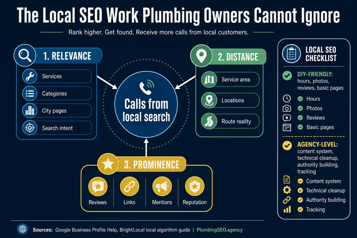 Local SEO work split for plumbing companies showing DIY-friendly profile hours, photos, reviews, and basic pages versus agency-level content, technical cleanup, authority building, and tracking