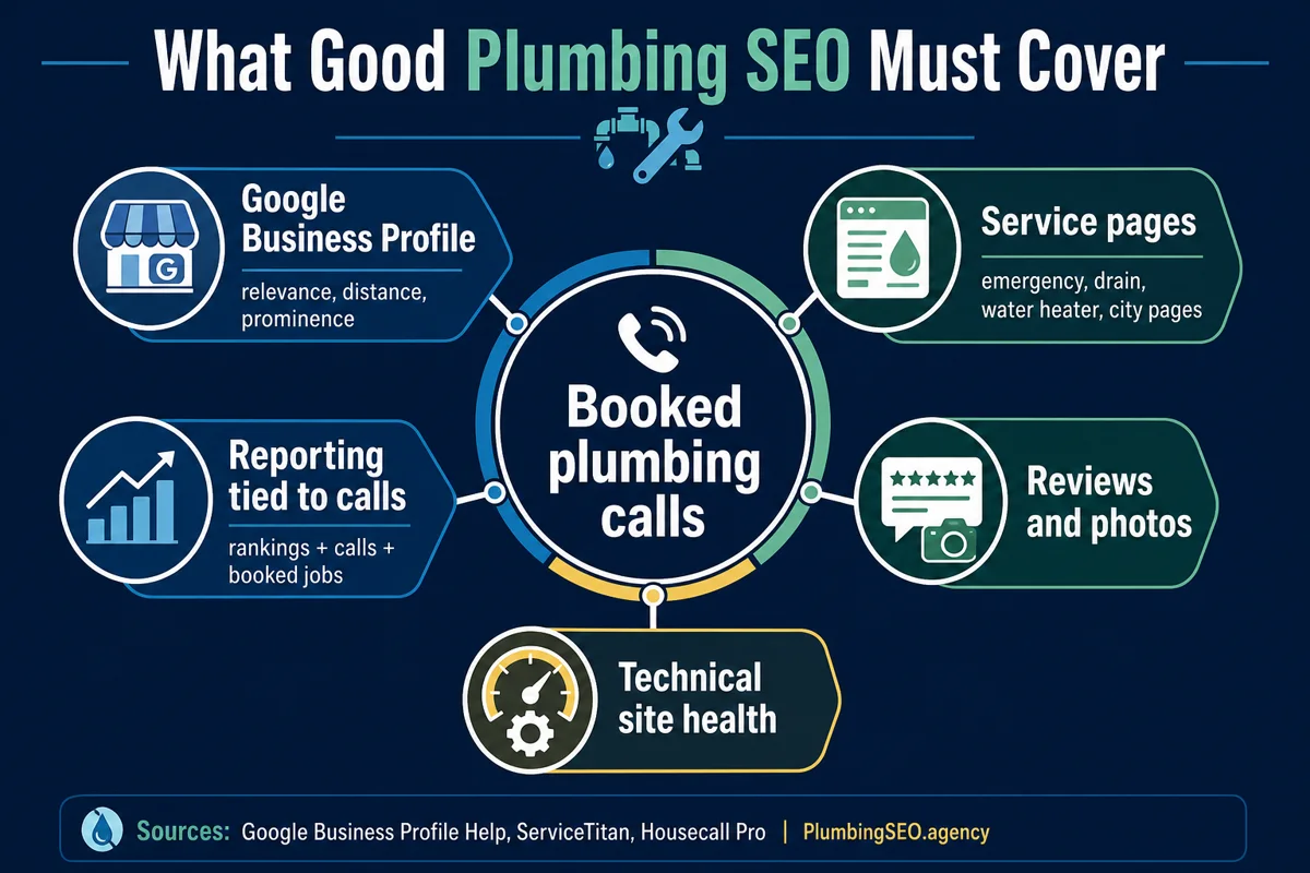 Infographic showing Google Business Profile, service pages, reviews, technical site health, and reporting tied to plumbing calls