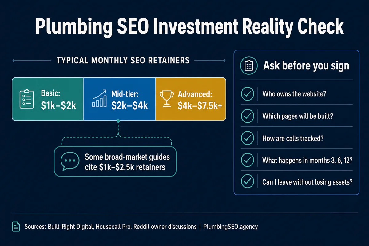 Infographic showing typical plumbing SEO monthly retainer ranges and questions owners should ask before signing