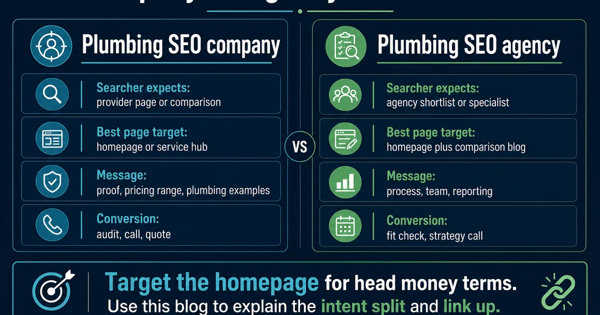 Plumbing SEO companies company versus agency guide showing the homepage as the canonical commercial destination