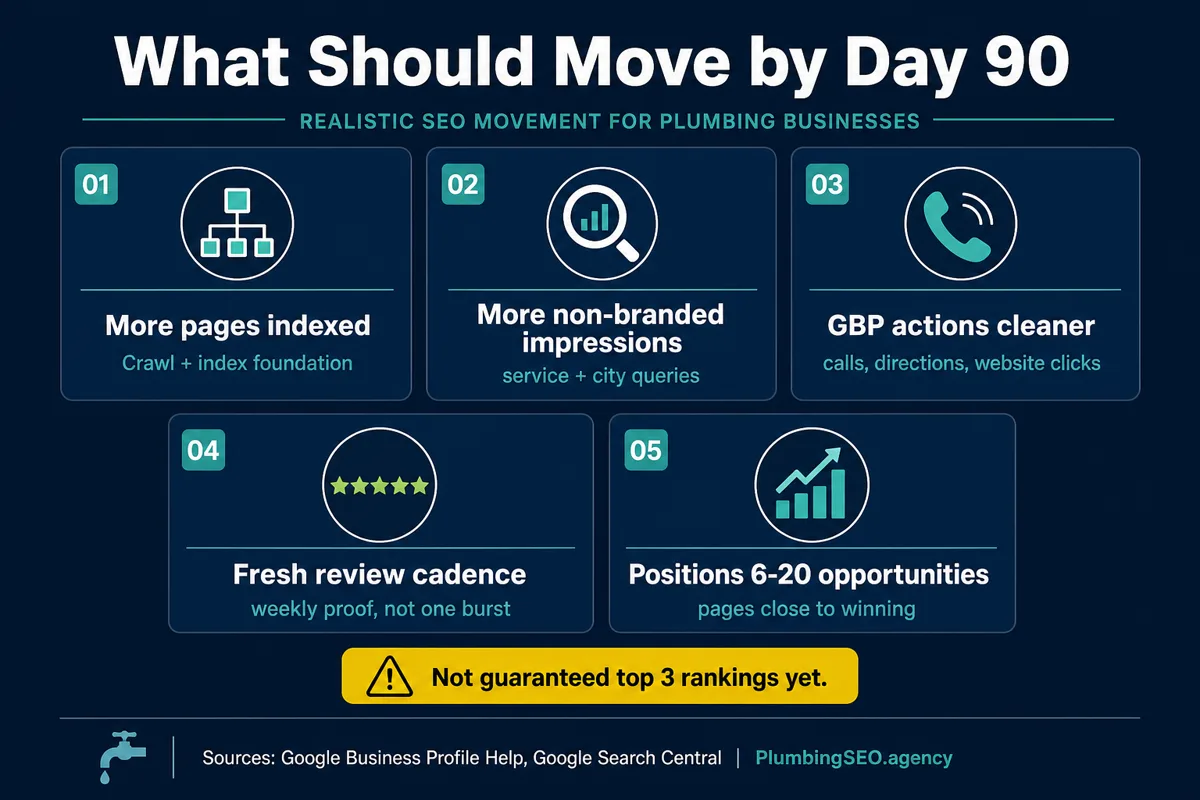 Day 90 plumbing SEO milestones including indexed pages, non-branded impressions, GBP actions, review cadence, and positions 6 to 20