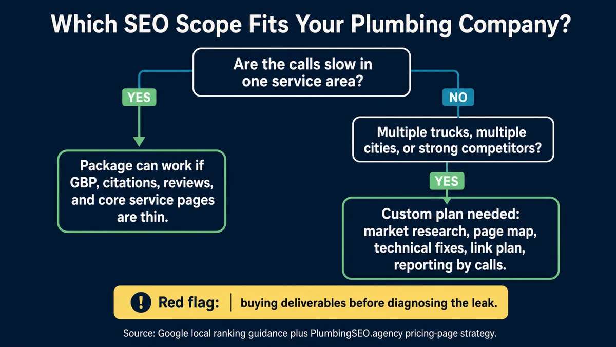 Decision tree showing when a plumbing company should choose a fixed SEO package or a custom SEO plan