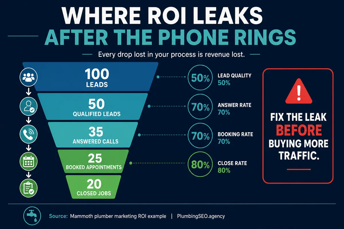 Plumbing marketing ROI funnel showing leads lost through qualification, answer rate, booking rate, and close rate