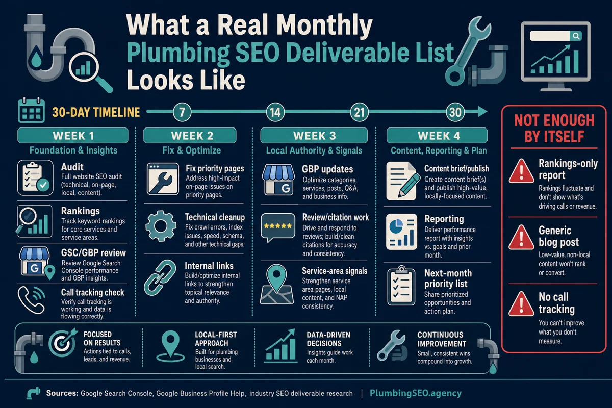 Monthly delivery timeline for plumbing companies covering audits, service-page refreshes, content, links, Google Business Profile activity, recrawl QA, and booked-call reporting