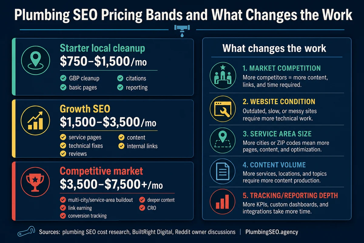 Plumbing SEO pricing bands for foundation sprint, local dispatch plan, growth plan, and higher agency retainers