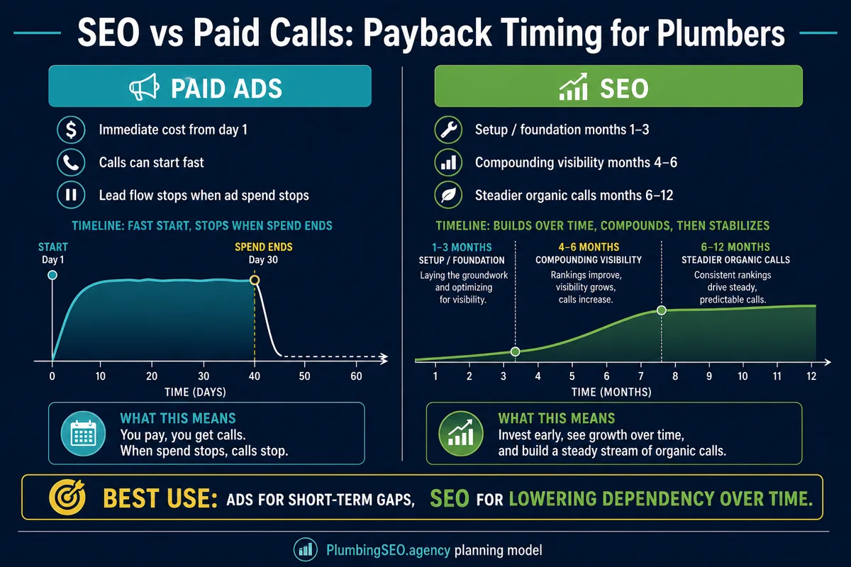 Timeline comparing paid ads and SEO payback timing for plumbers