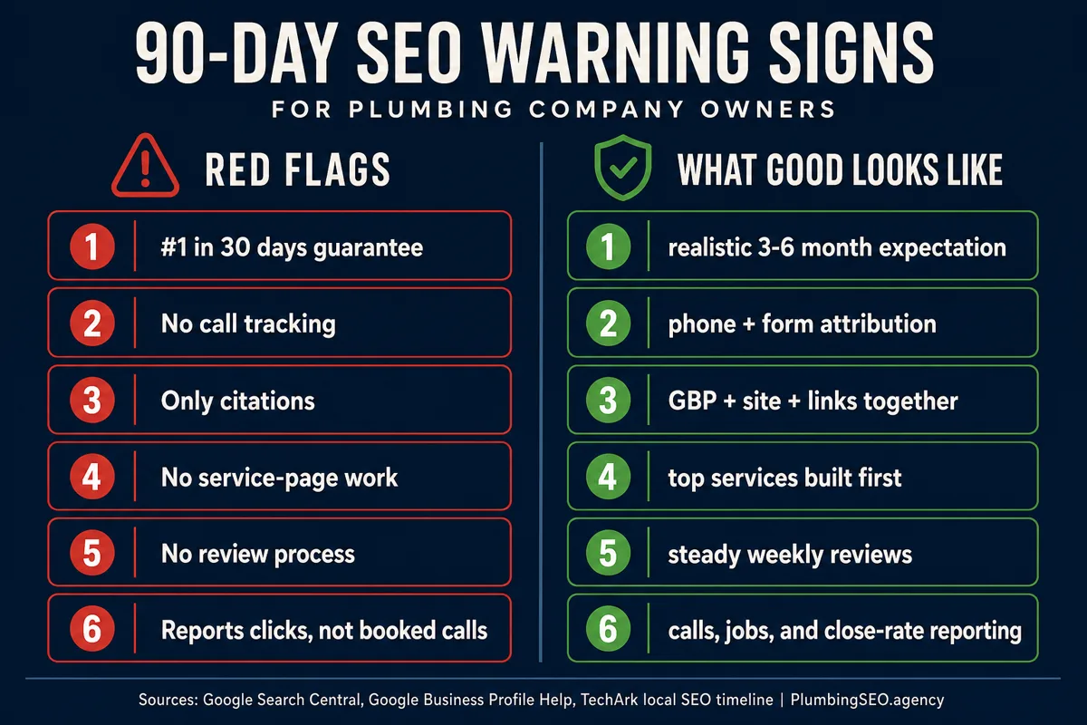 Warning signs in a 90-day plumbing SEO plan including guaranteed rankings, no call tracking, citations only, no service pages, no review process, and vanity reporting