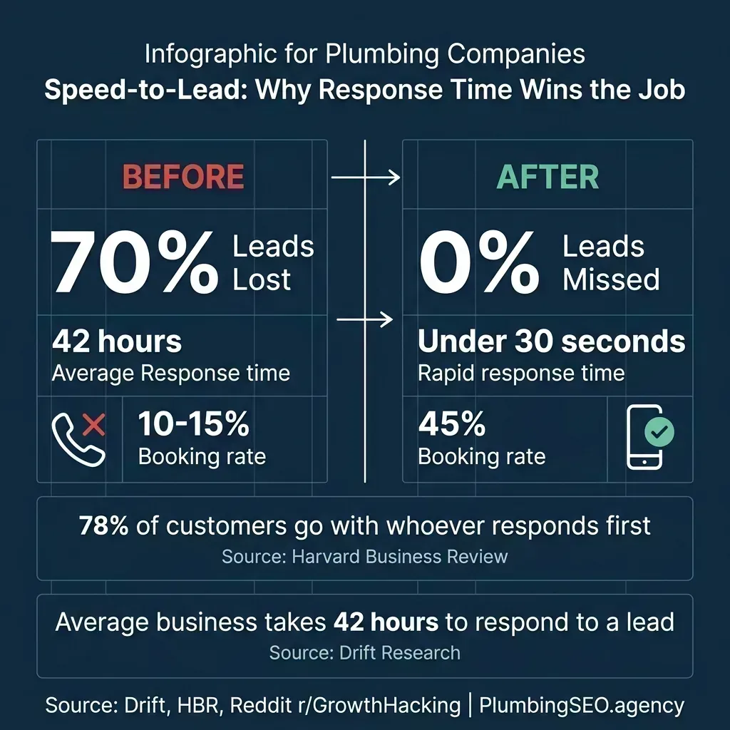 Speed-to-lead comparison showing 70% leads lost with 42-hour response time versus 0% missed with under 30-second response time