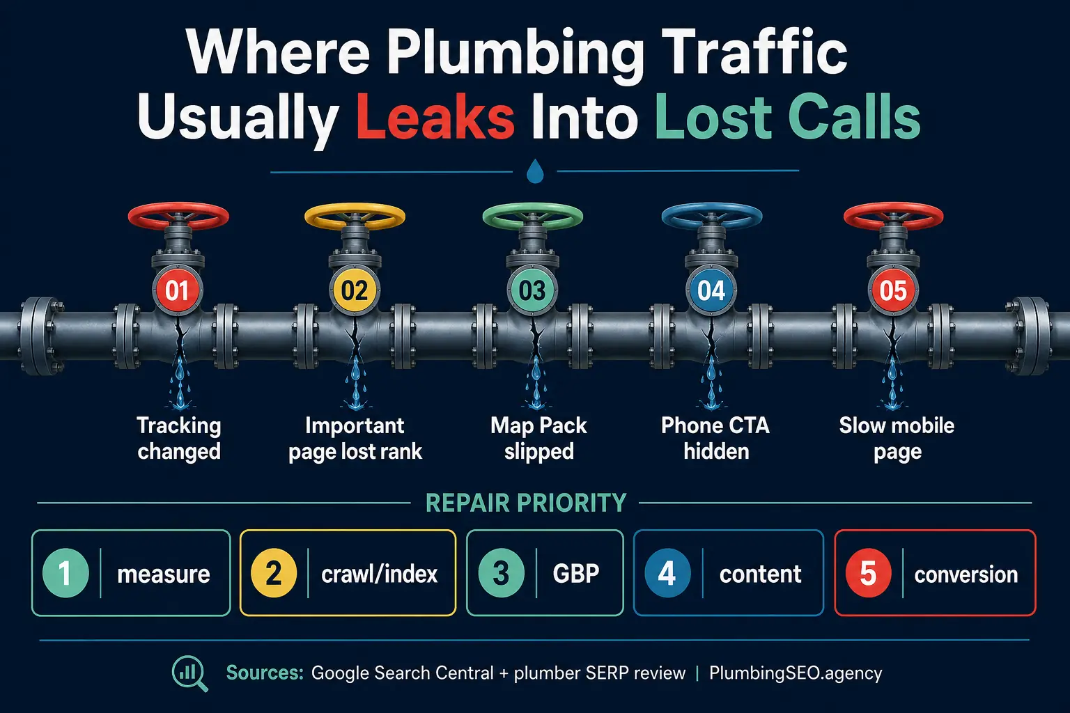 Pipeline infographic showing five places where plumbing website traffic drops turn into lost calls: tracking, rankings, map pack, CTA, and mobile speed.