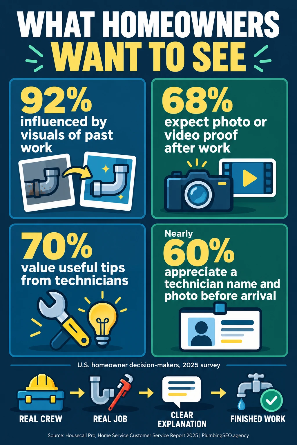 Homeowner visual trust infographic showing past-work, post-job proof, technician tips, and pre-arrival identity benchmarks