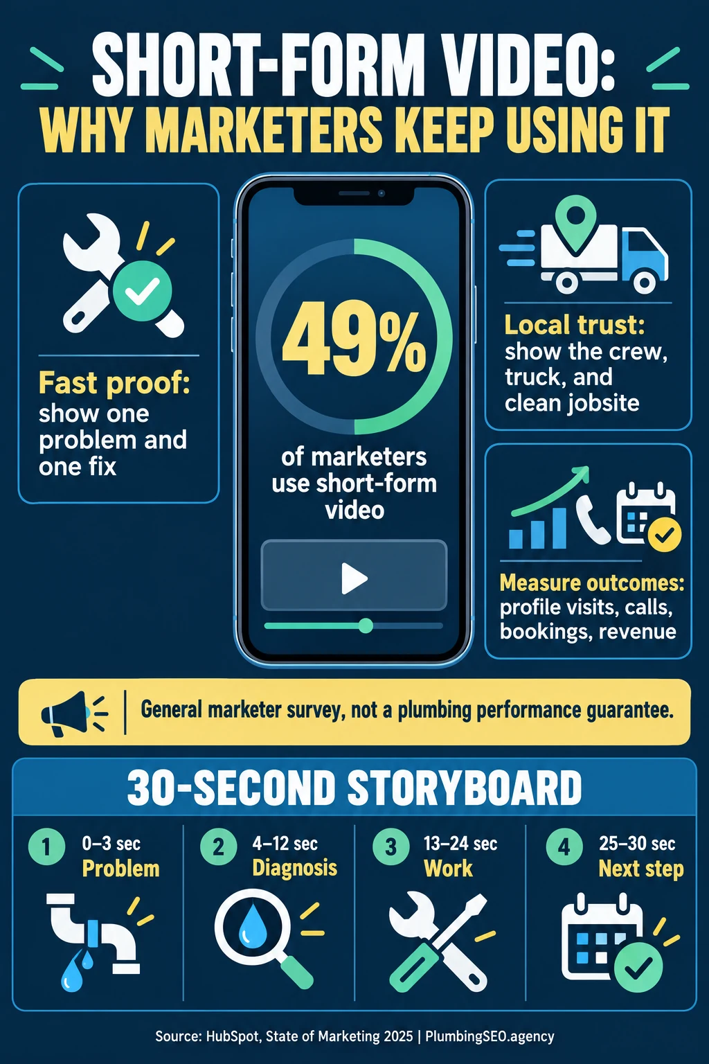 Google Business Profile video limits infographic showing 30 seconds, 75 megabytes, and 720p or higher