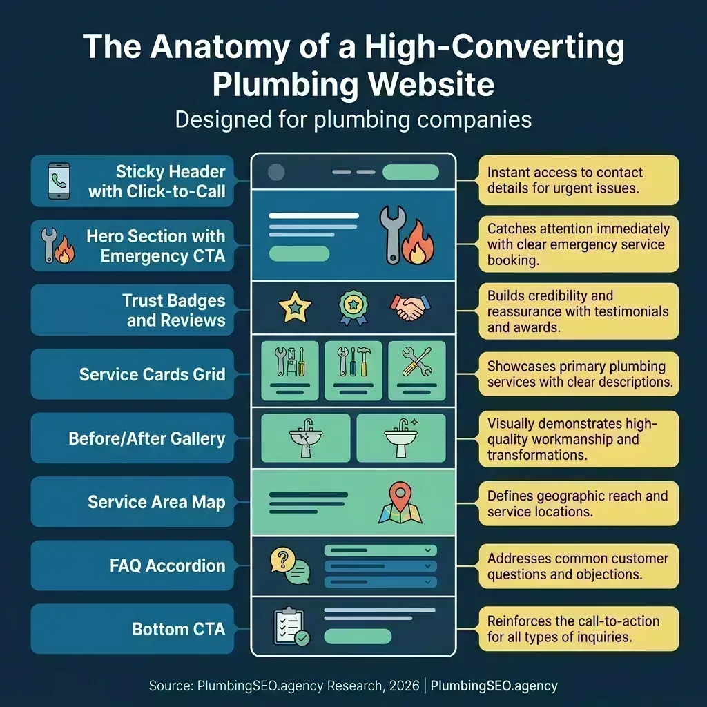 Anatomy of a plumbing website page with services, trust proof, and conversion sections