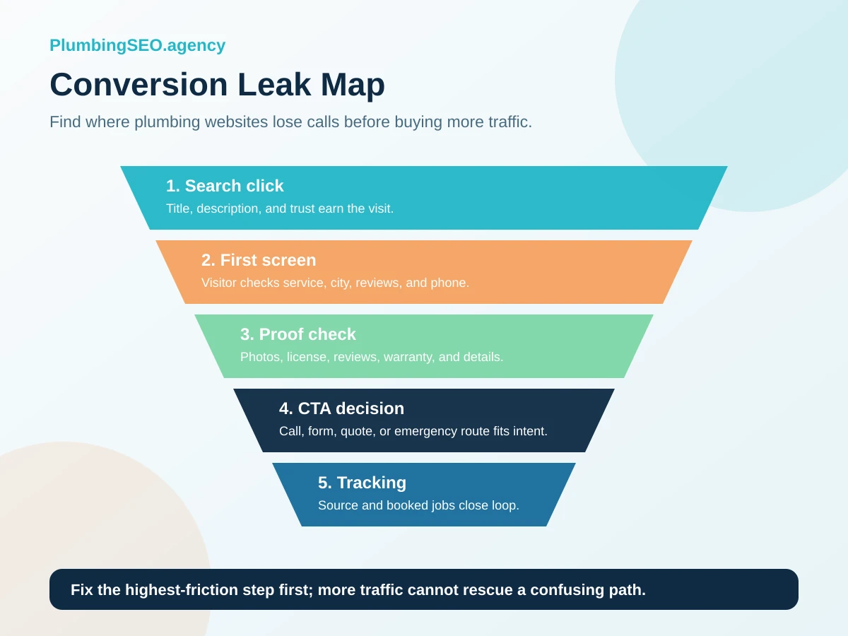 Conversion leak map showing where plumbing websites lose calls