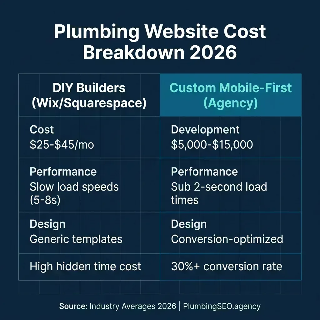 Infographic comparing DIY website builders at $25-45/mo to custom mobile-first agency builds at $5,000-$15,000