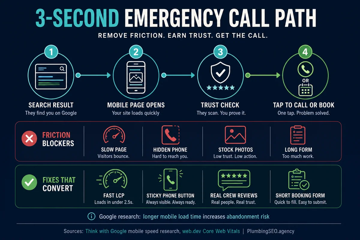 Emergency call path for a plumbing website visitor