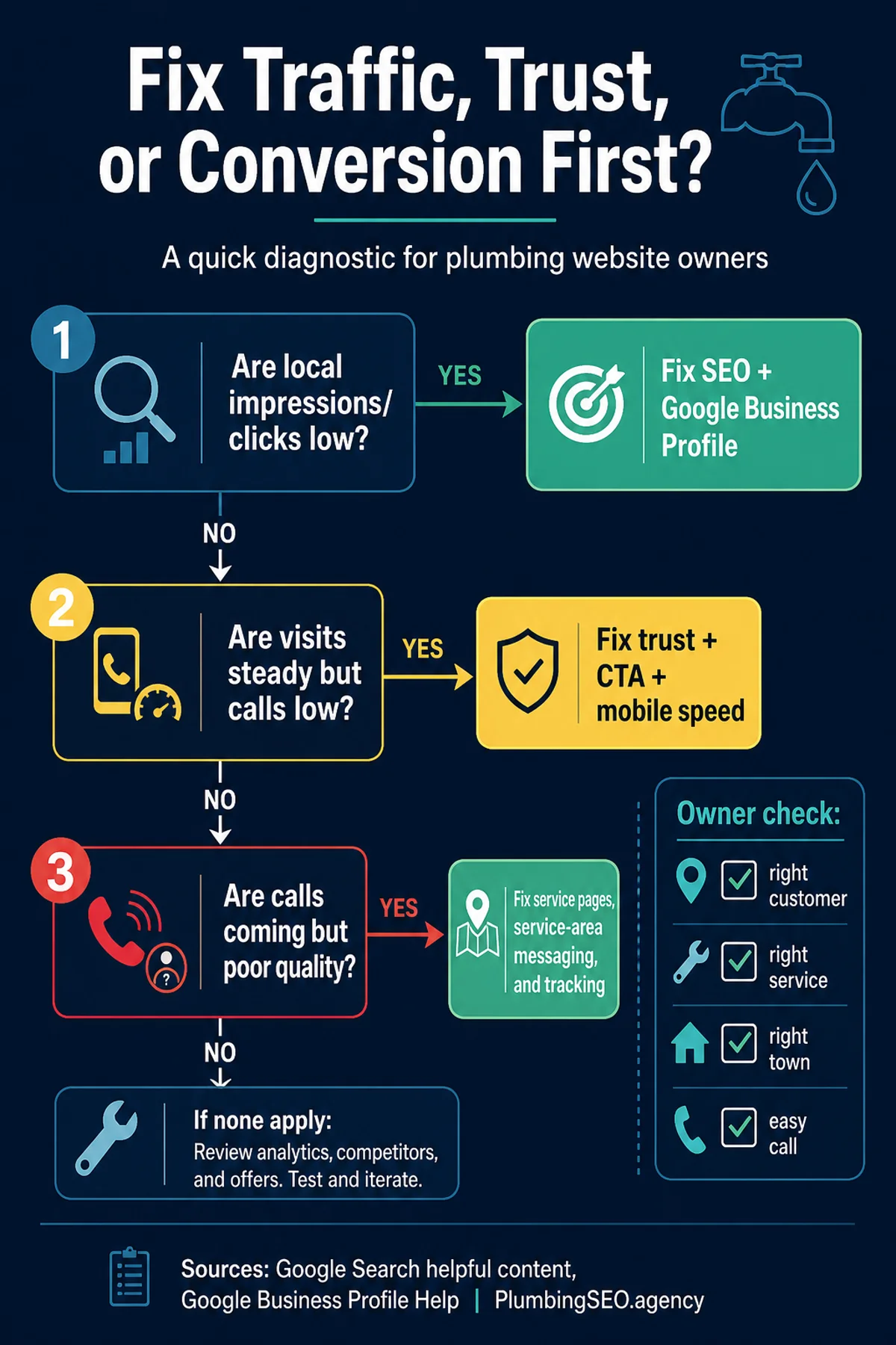 Decision tree showing whether to fix traffic, trust, or conversion first on a plumbing website