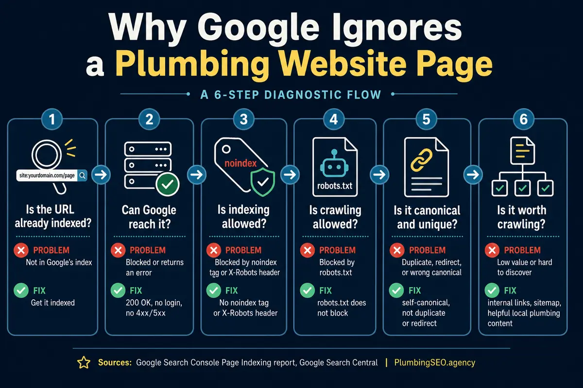 Plumbing website indexing diagnostic flow showing crawl, index, rank, and call steps