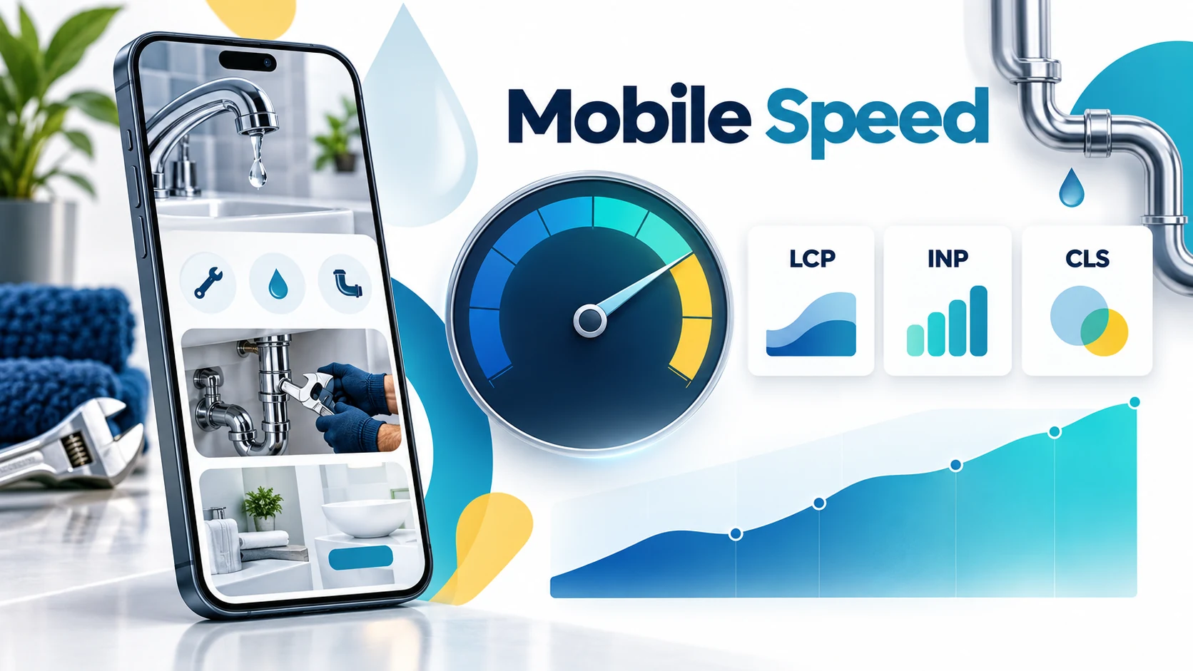 Mobile plumbing website speed infographic showing LCP, INP and CLS metrics
