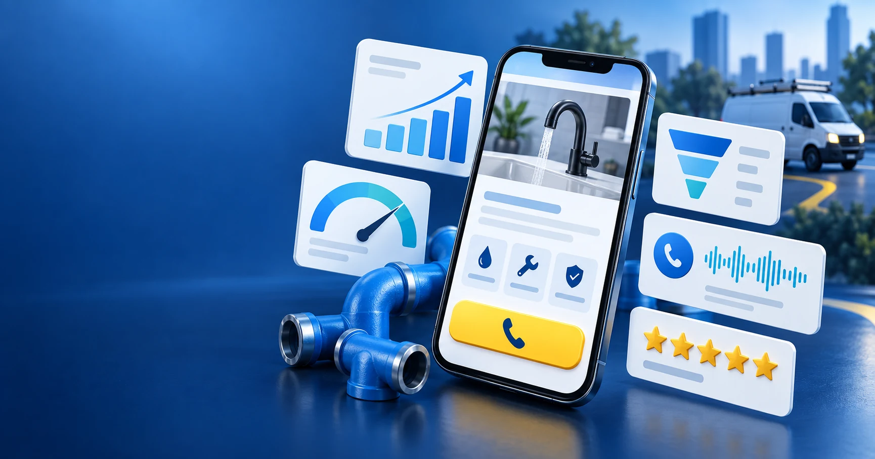 Mobile plumbing website surrounded by speed, call, review, funnel and growth indicators