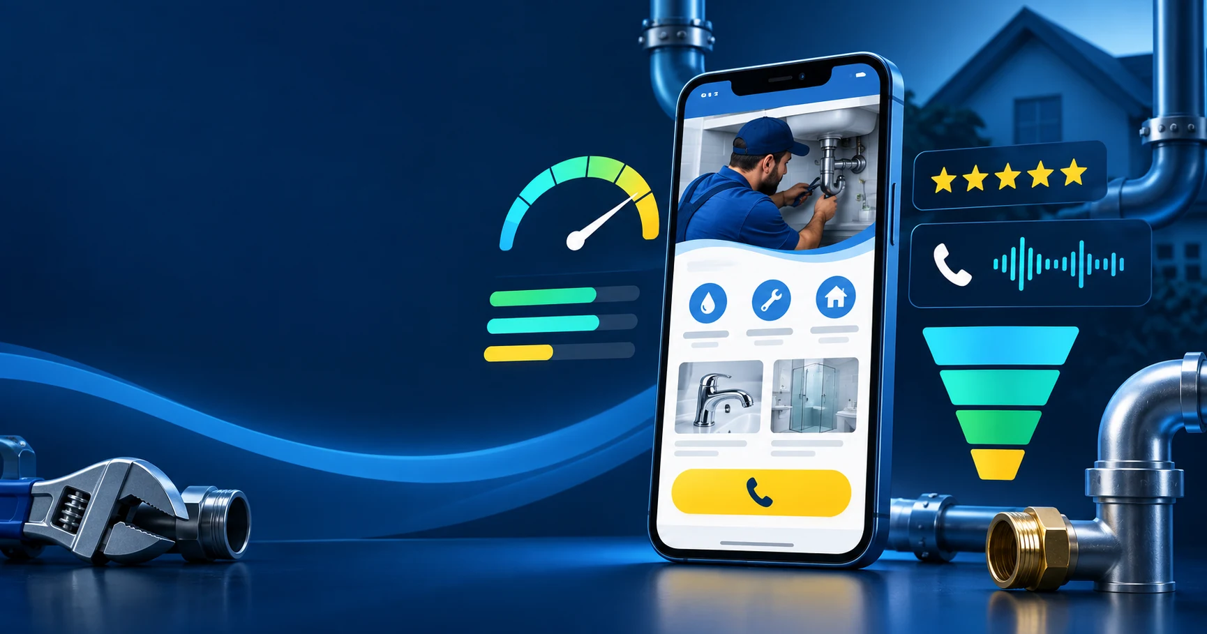 Plumbing website performance dashboard with speed gauge, reviews, calls and conversion funnel