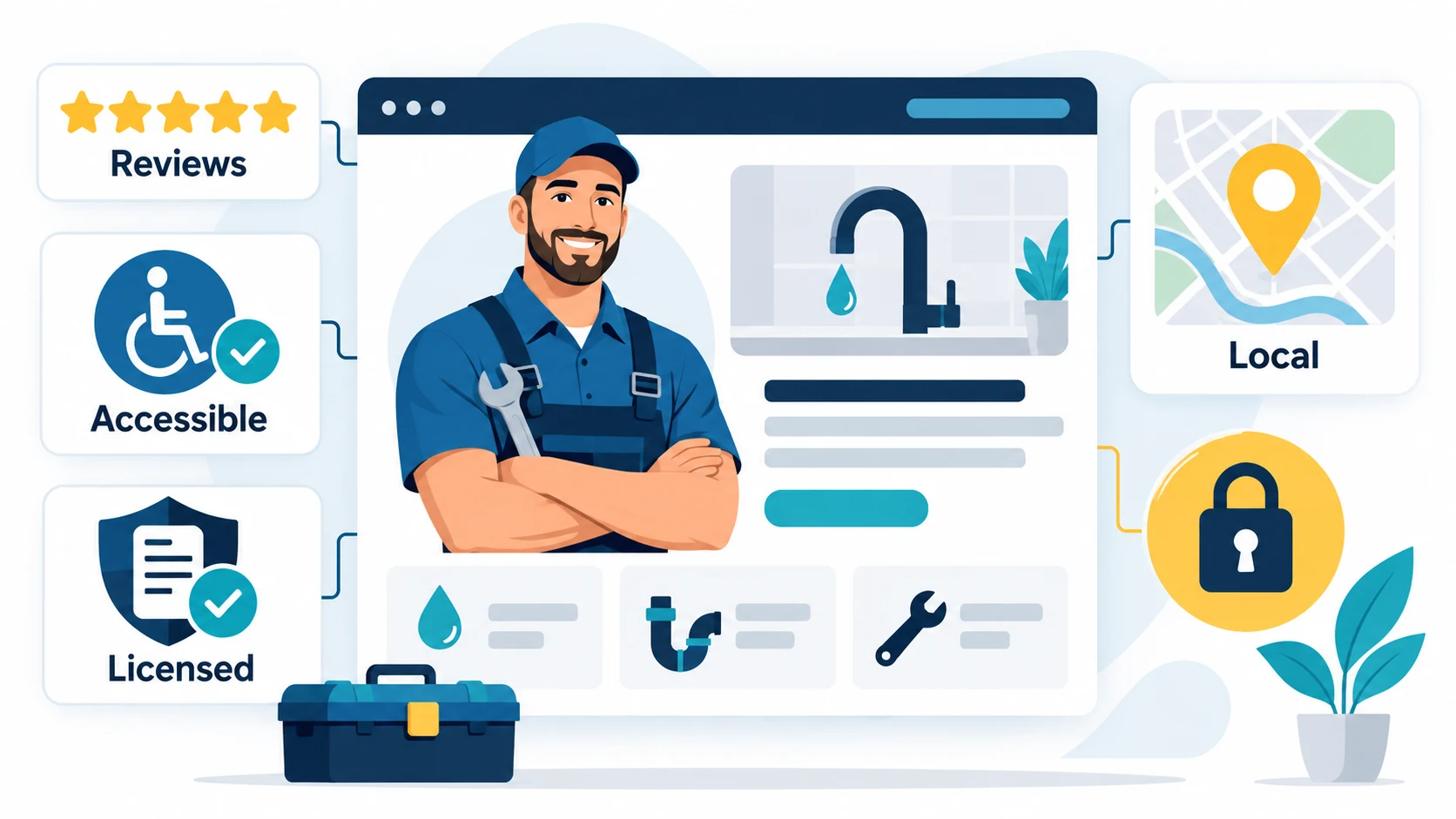 Plumbing website trust signals including reviews, accessibility, licensing, security and local presence