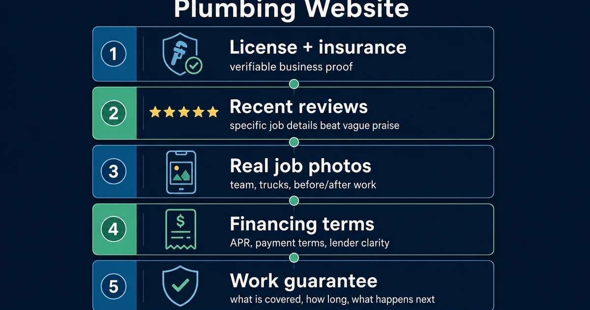 Trust signal stack for plumbing websites with reviews licenses photos financing and guarantees
