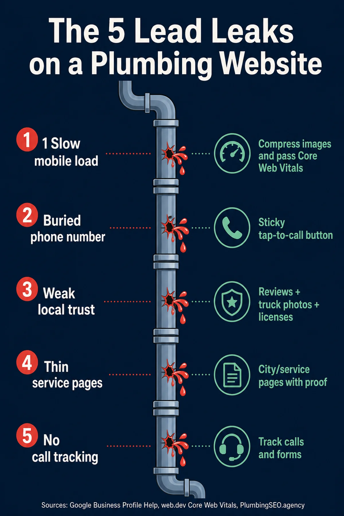 Infographic showing five plumbing website lead leaks: slow mobile load, buried phone number, weak local trust, thin service pages, and no call tracking