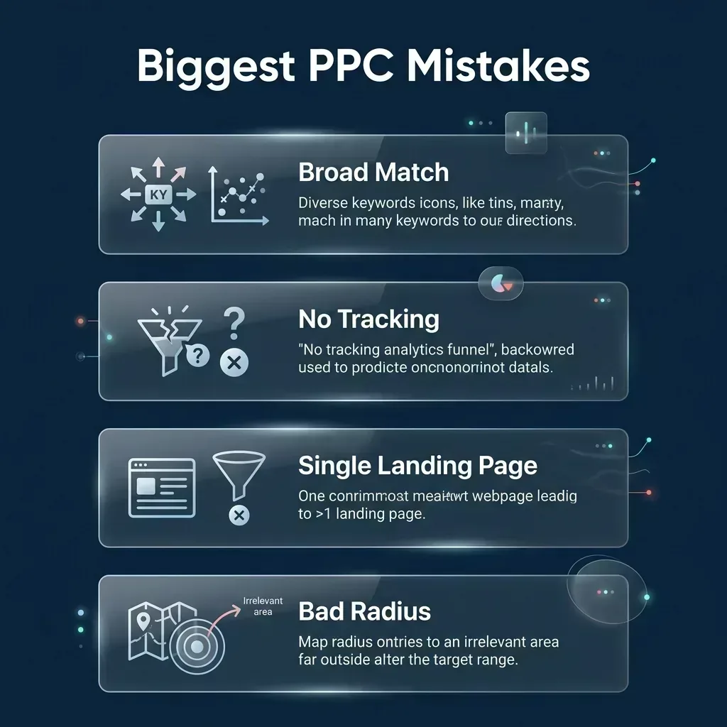 Biggest PPC mistakes for plumbers including broad match keywords, no tracking, single landing page, and bad radius