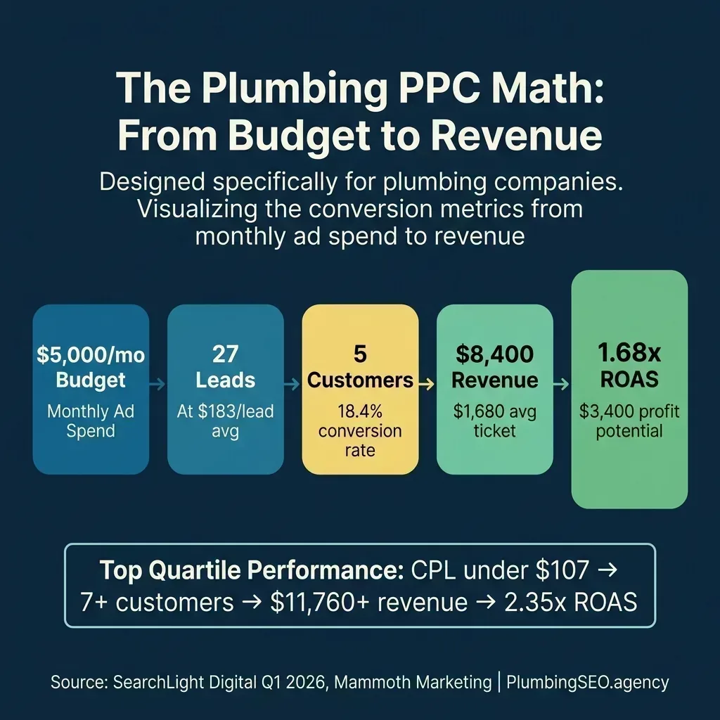 Flow diagram showing how a $5,000 monthly plumbing PPC budget converts to 27 leads, 5 customers, $8,400 revenue, and 1.68x ROAS