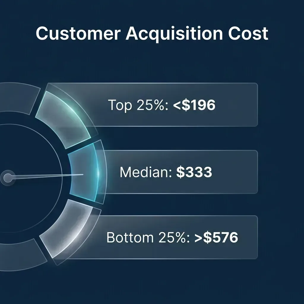 Customer Acquisition Cost benchmarks for plumbers showing Top 25% under $196 and Median $333