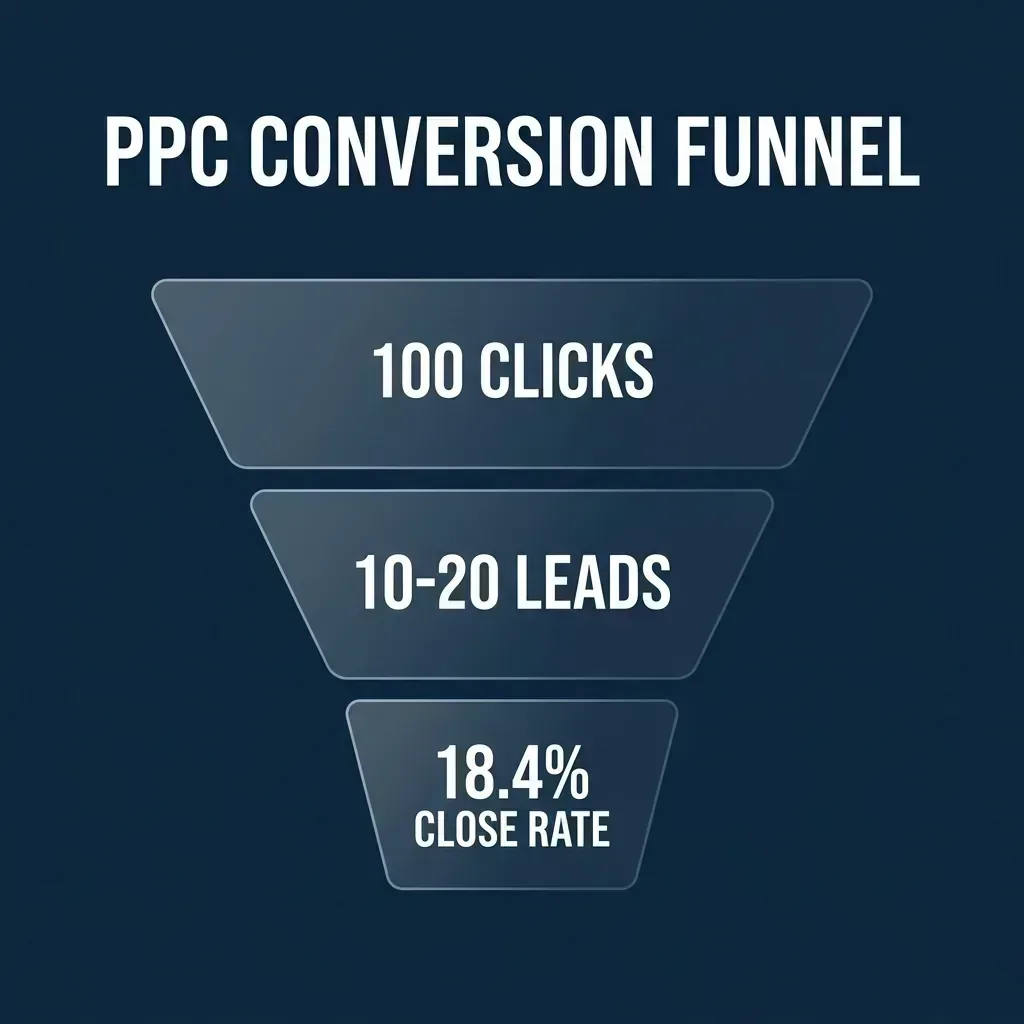 Plumbing PPC conversion funnel showing 100 clicks converting to 10-20 leads and an 18.4% close rate
