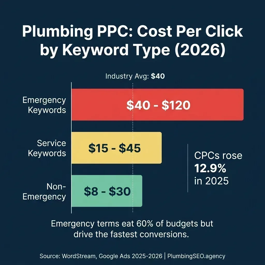 Plumbing PPC cost per click by keyword type in 2026 showing emergency keywords at $40 to $120, service keywords at $15 to $45, and non-emergency at $8 to $30