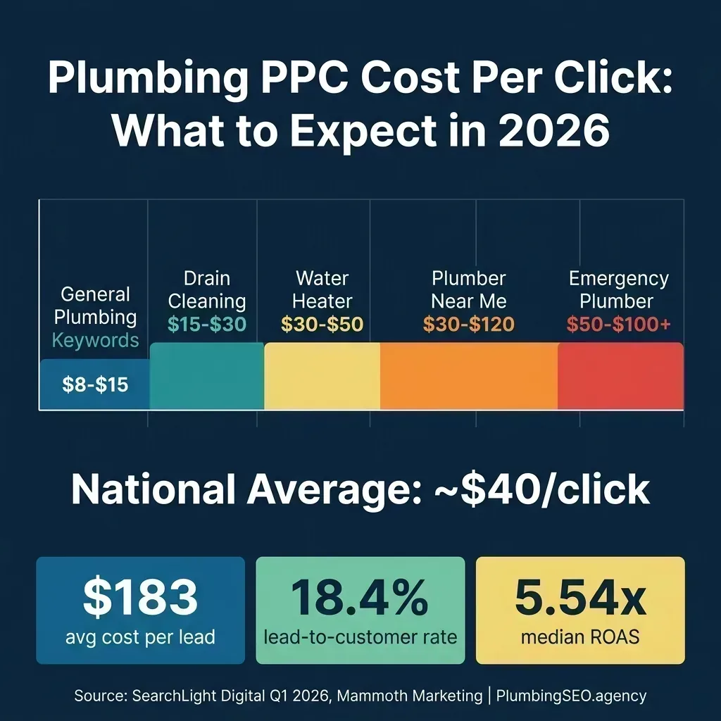 Plumbing PPC cost per click spectrum showing CPC ranges by keyword type in 2026