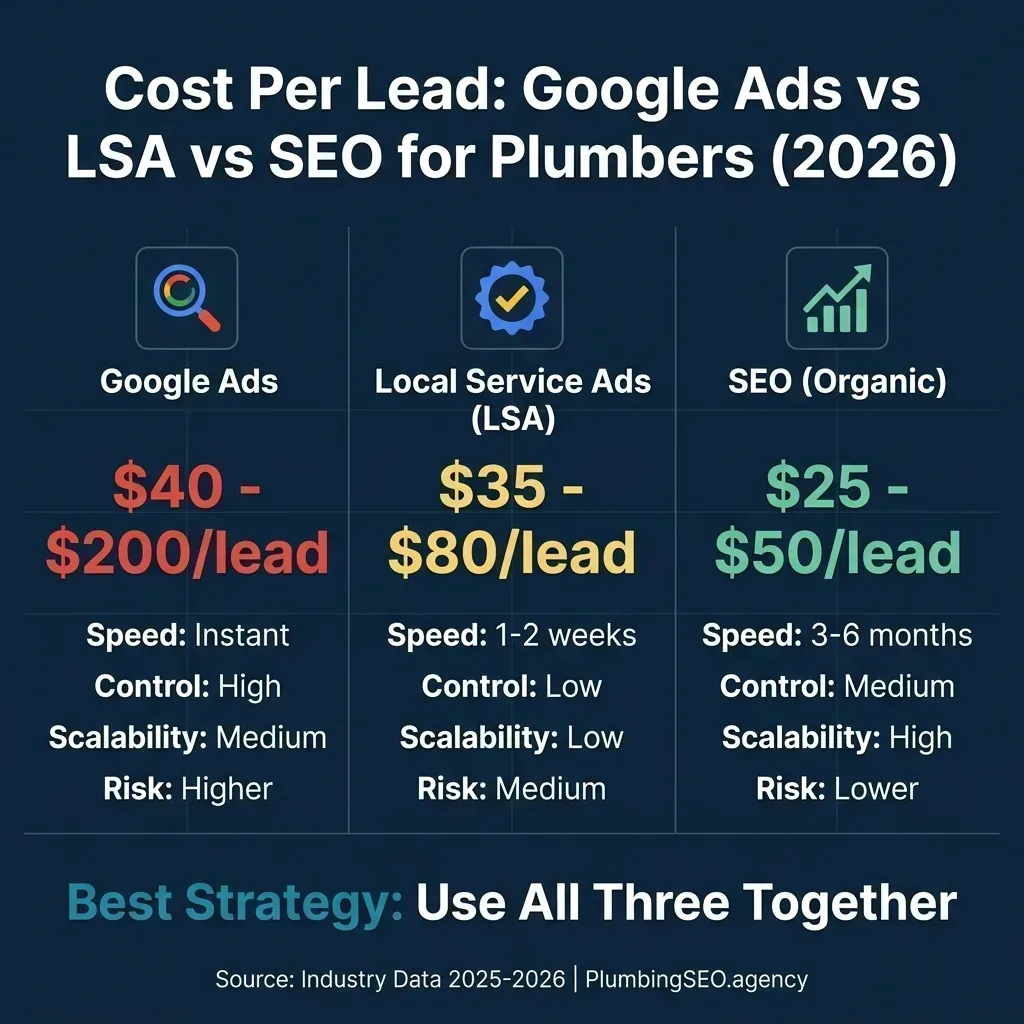 Cost per lead comparison for plumbers: Google Ads $40 to $200, LSA $35 to $80, SEO $25 to $50 per lead