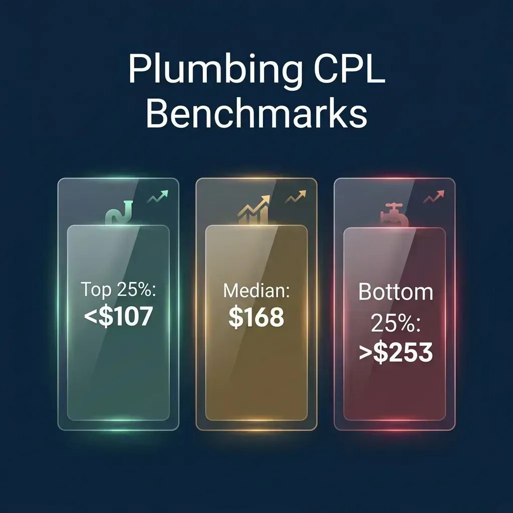 Plumbing CPL Benchmarks showing Top 25% under $107, Median $168, and Bottom 25% over $253