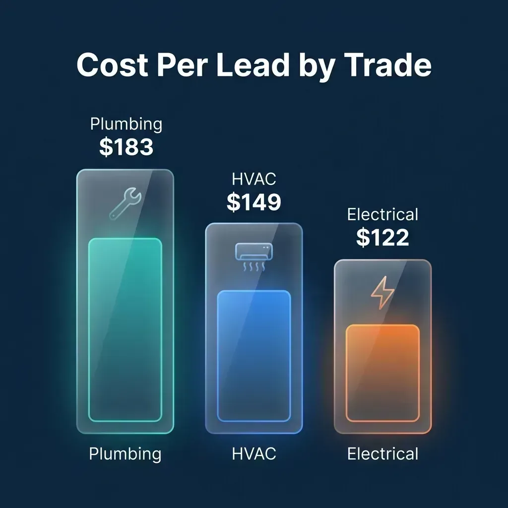 Cost per lead by trade showing Plumbing at $183, HVAC at $149, and Electrical at $122