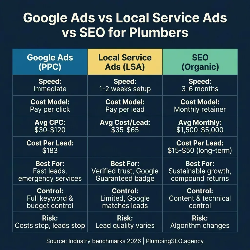 Three-column comparison of Google Ads, Local Service Ads, and SEO for plumbers showing cost, speed, and best use cases