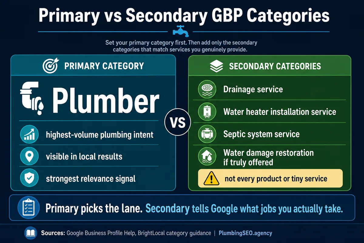 Primary versus secondary Google Business Profile categories for plumbers with plumber as the primary category and relevant secondary services