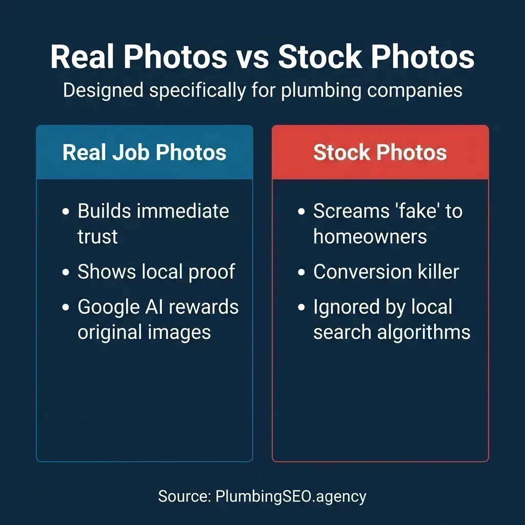 Comparison between real job photos and stock photos for plumbing companies