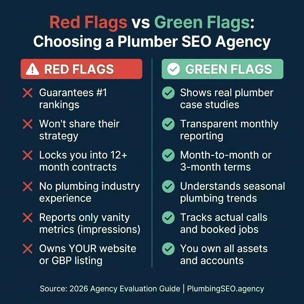 Red flags versus green flags comparison infographic for evaluating plumber SEO agencies, showing 6 warning signs and 6 positive indicators