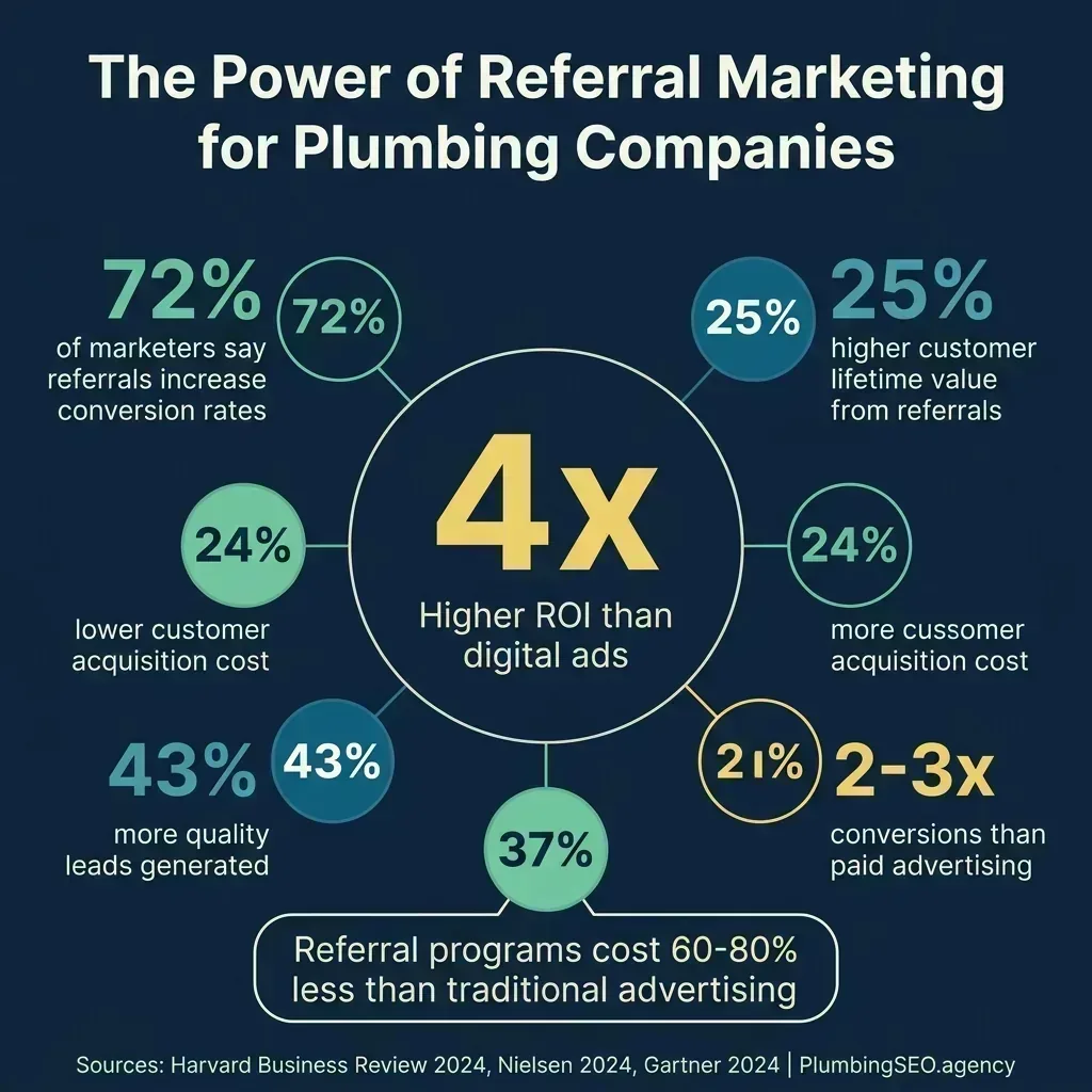 Infographic showing the power of referral marketing for plumbing companies with key ROI statistics
