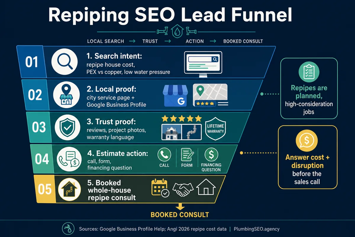 Whole-house repipe SEO lead funnel from homeowner symptoms to booked estimate
