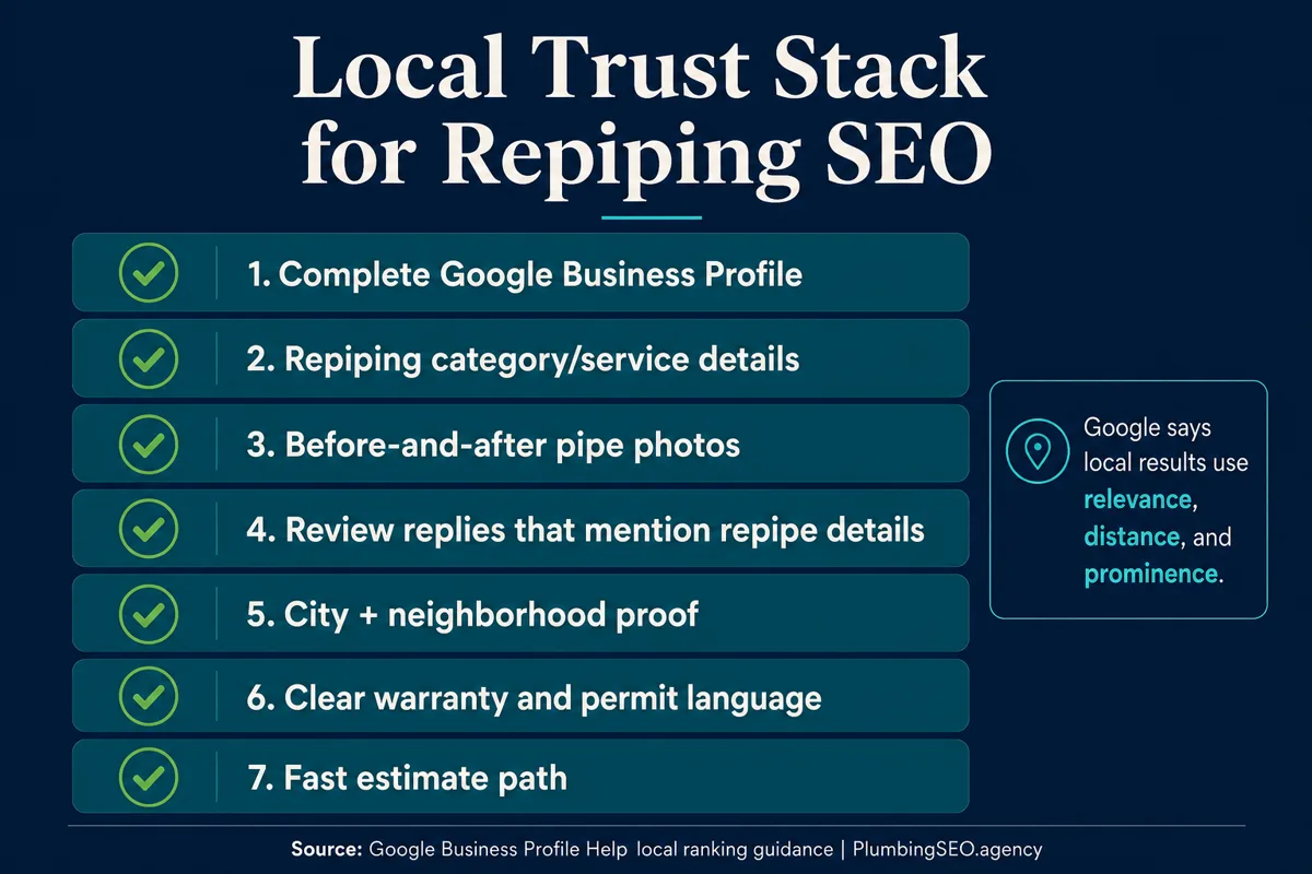 Google local repipe trust stack showing relevance, distance, prominence, reviews, structured data, and proof