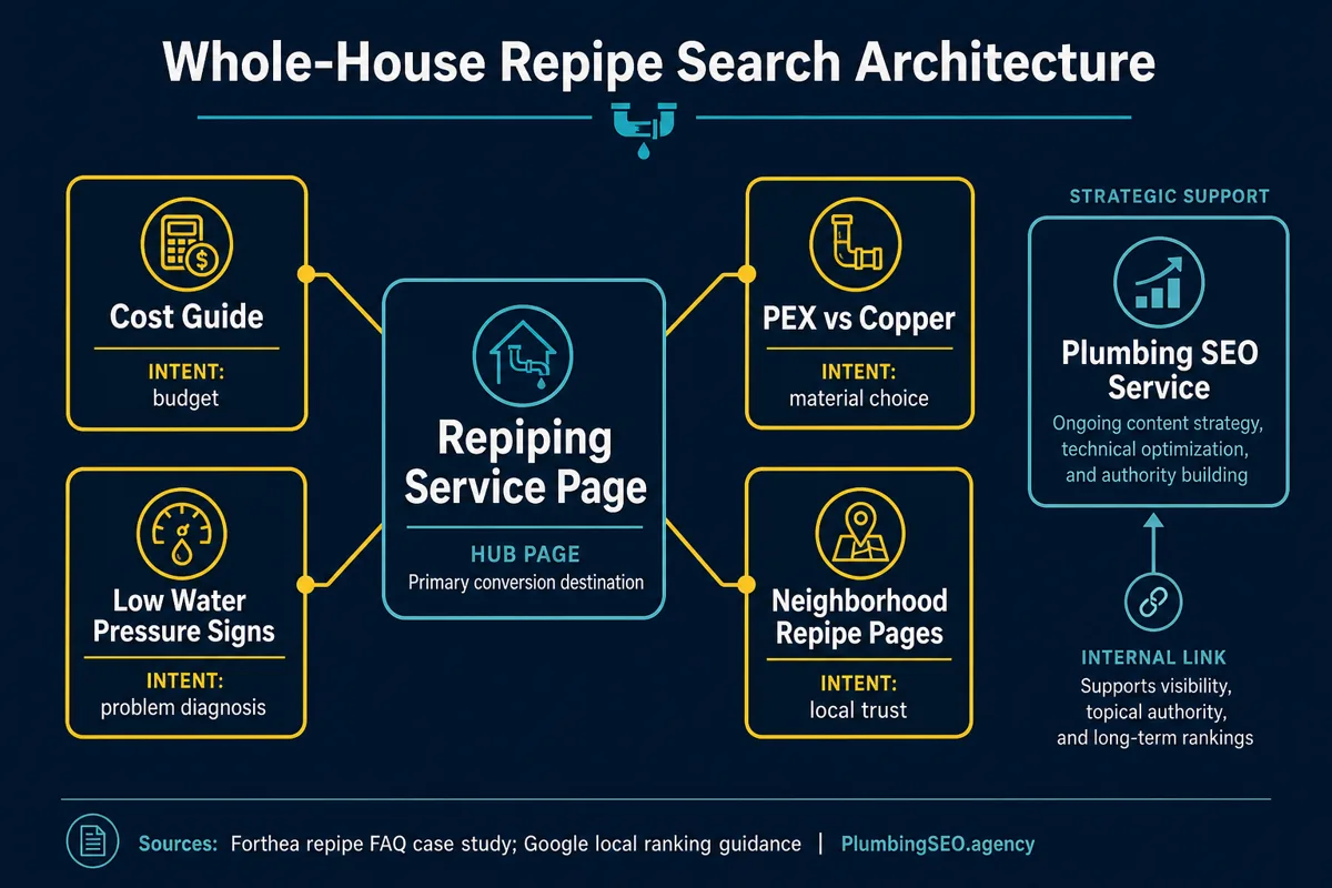 Repipe page architecture showing local service page, cost section, PEX versus copper table, proof, reviews, FAQ schema, and internal links
