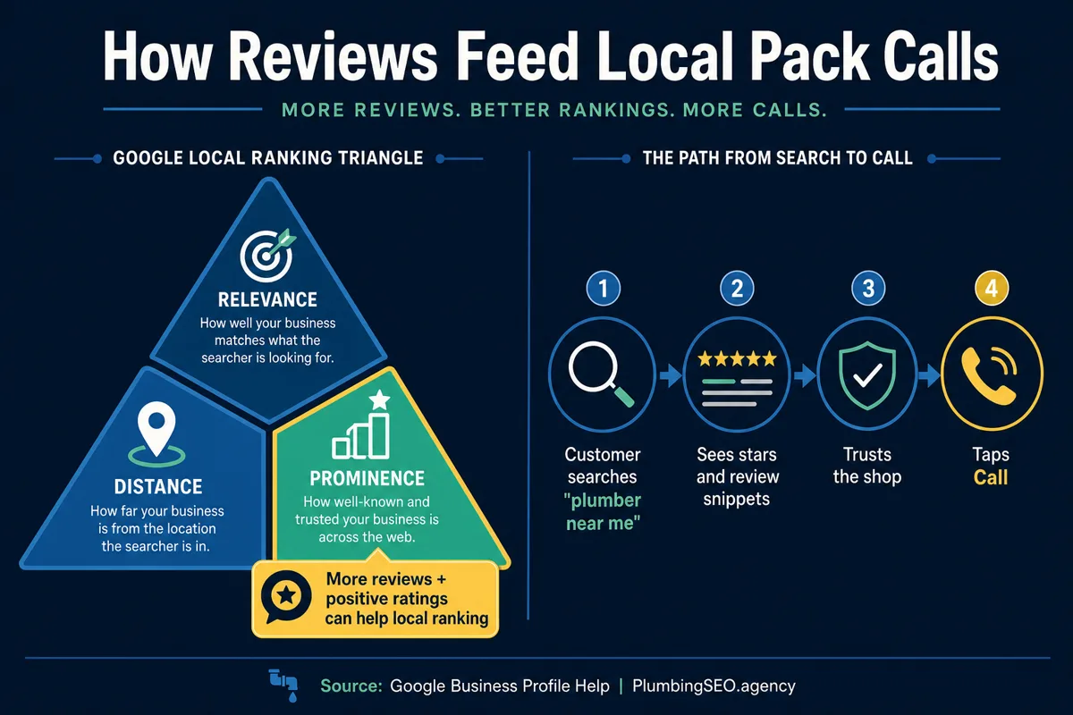 Review signals feeding plumber local pack calls through Google Business Profile trust