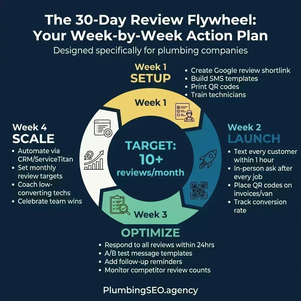 The 30-day review flywheel: Week 1 Setup, Week 2 Launch, Week 3 Optimize, Week 4 Scale &mdash; targeting 10+ reviews per month