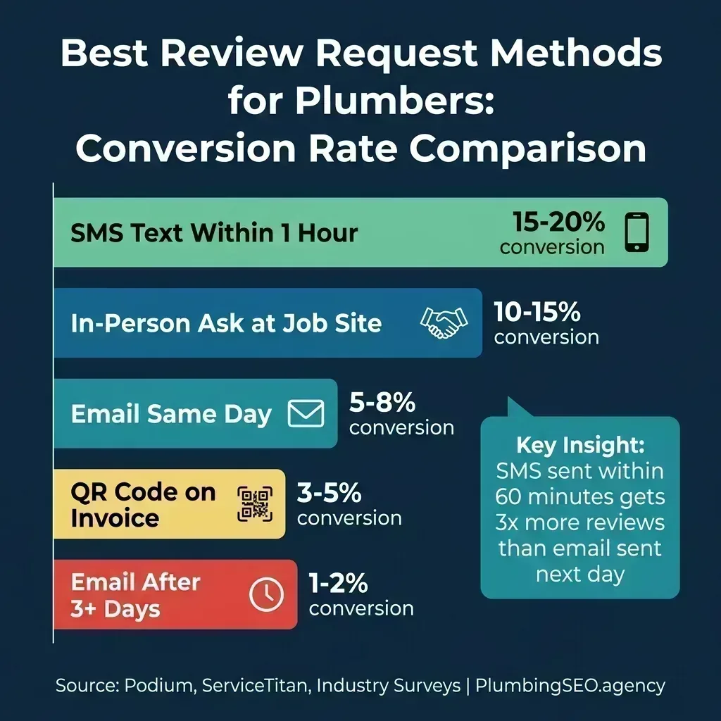 Bar chart comparing review request methods: SMS within 1 hour at 15-20%, in-person ask at 10-15%, same-day email at 5-8%, QR code at 3-5%, delayed email at 1-2%