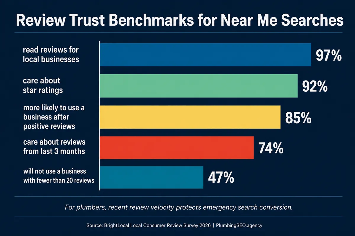 Infographic showing review trust benchmarks that influence near me local service searches
