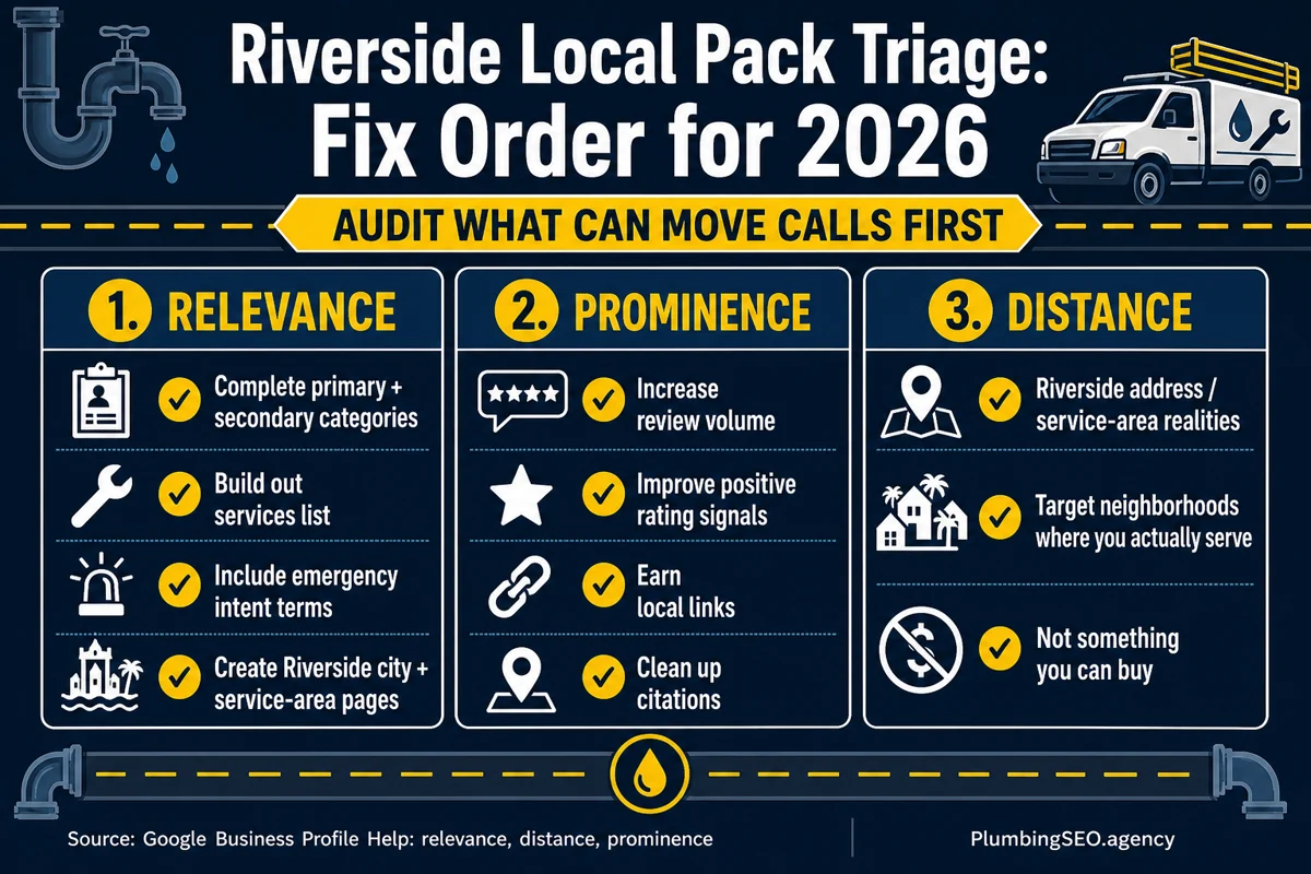Riverside plumbing SEO local pack triage infographic
