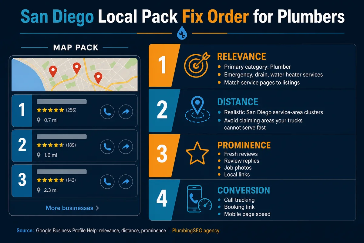 Infographic showing the recommended fix order for San Diego plumbing SEO local pack rankings.